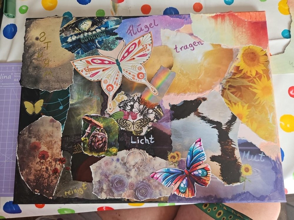 Collage mit der Botschaft „Licht“. Die Kunstprojekte von Desiree veranschaulichen, wie Gefühle ausgedrückt werden können.