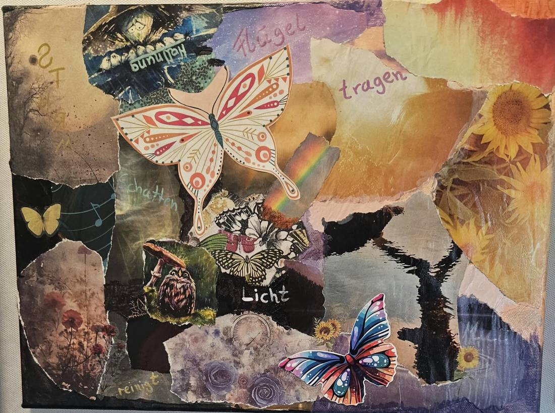 Collage auf Leinwand mit mehreren Schmetterlingen, Sonnenblumen und einem Regenbogen. Links ist das Bild dunkel, rechts hell und orange. Zu lesen sind die Wörter Licht, Schatten, Hoffnung, Flügel und tragen.